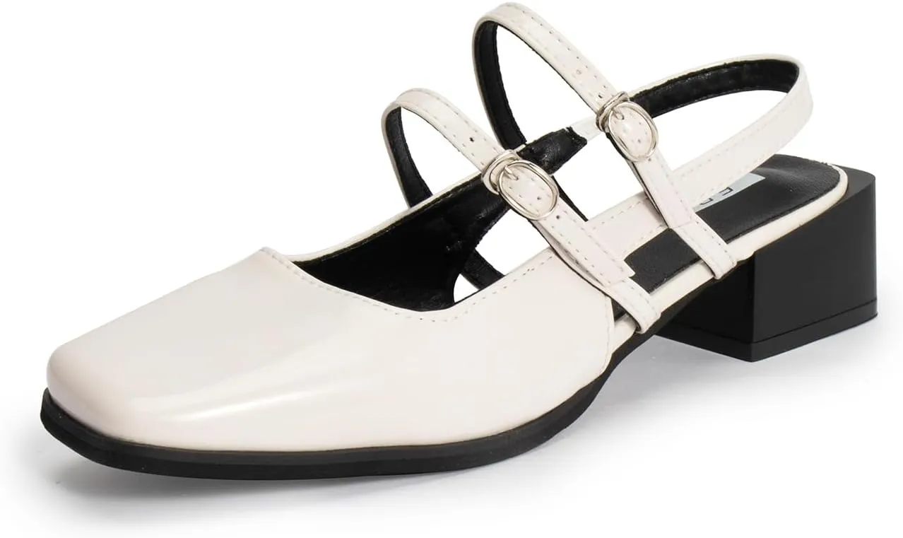 Women's Patent Leather Slingback Chunky Heels Mary Janes Pumps Buckle Closed Square Toe Low Heel Sandals Slip On Party Dress Work Shoes