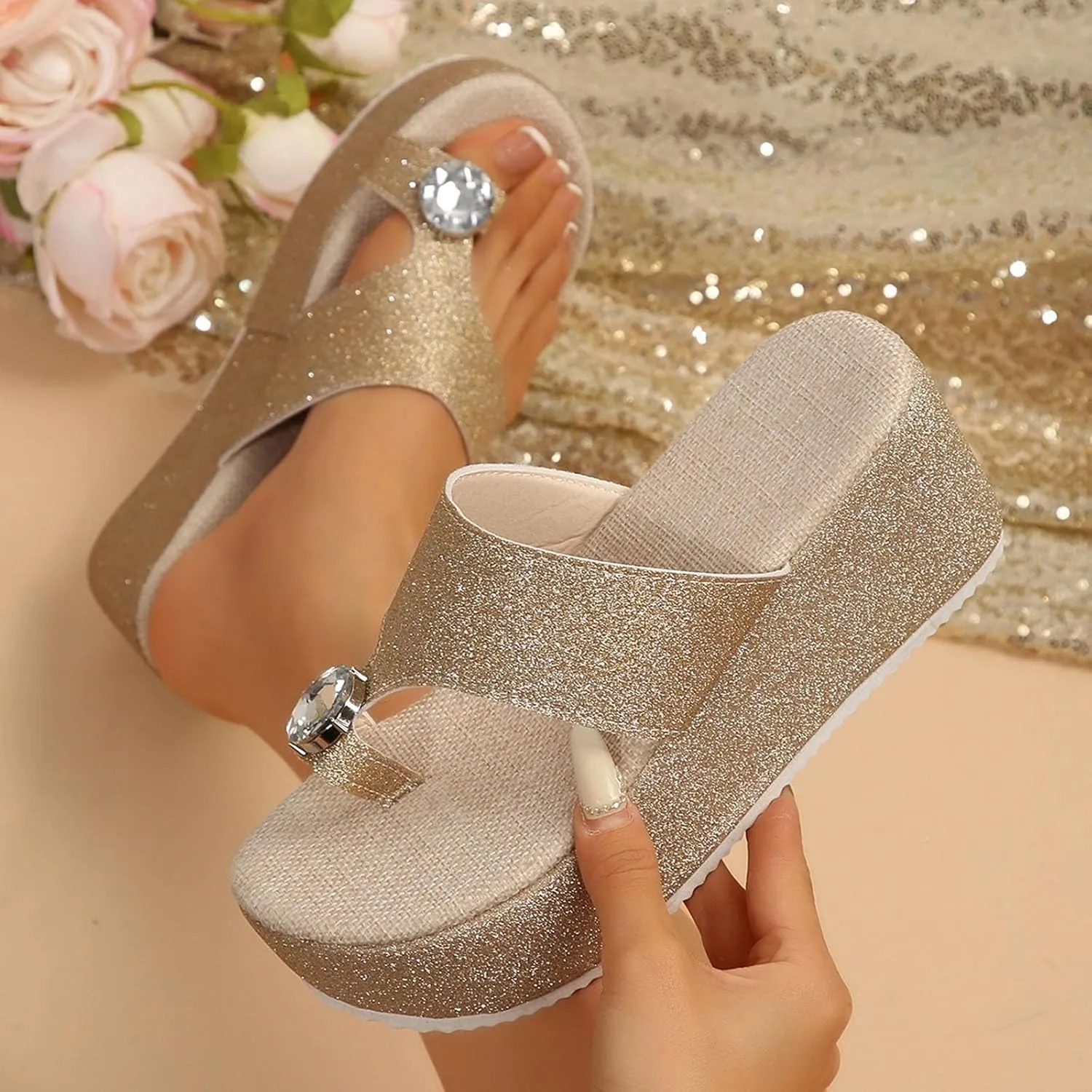 Women's Platform Flip Flop Sandals with Rhinestone Design Soft EVA Sole Comfortable Thick Heel for Summer Casual