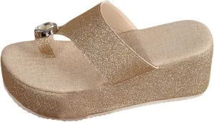 Women's Platform Flip Flop Sandals with Rhinestone Design Soft EVA Sole Comfortable Thick Heel for Summer Casual