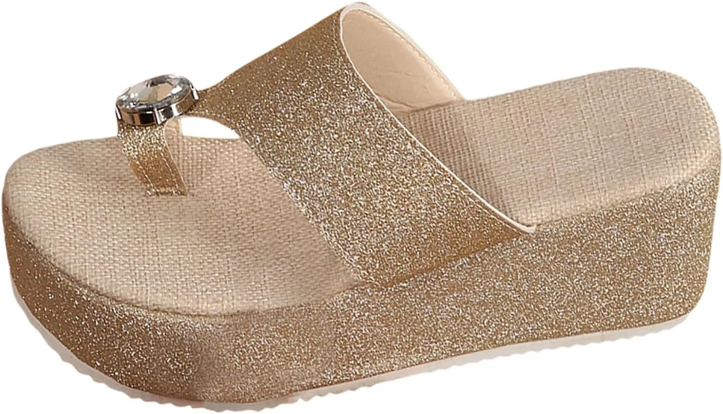 Women's Platform Flip Flop Sandals with Rhinestone Design Soft EVA Sole Comfortable Thick Heel for Summer Casual