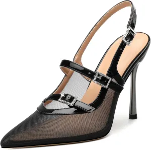 Womens Slingback Heels for Women Pointed Toe Closed Porosity Mesh Pumps Slip on Heeled Sandals Party Work Dress Shoes 3.5 Inch