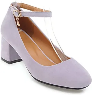 Women's Square Toe Chunky Mid Block Heel Pumps Suede Ankle Strap Comfortable Office Dress Shoes