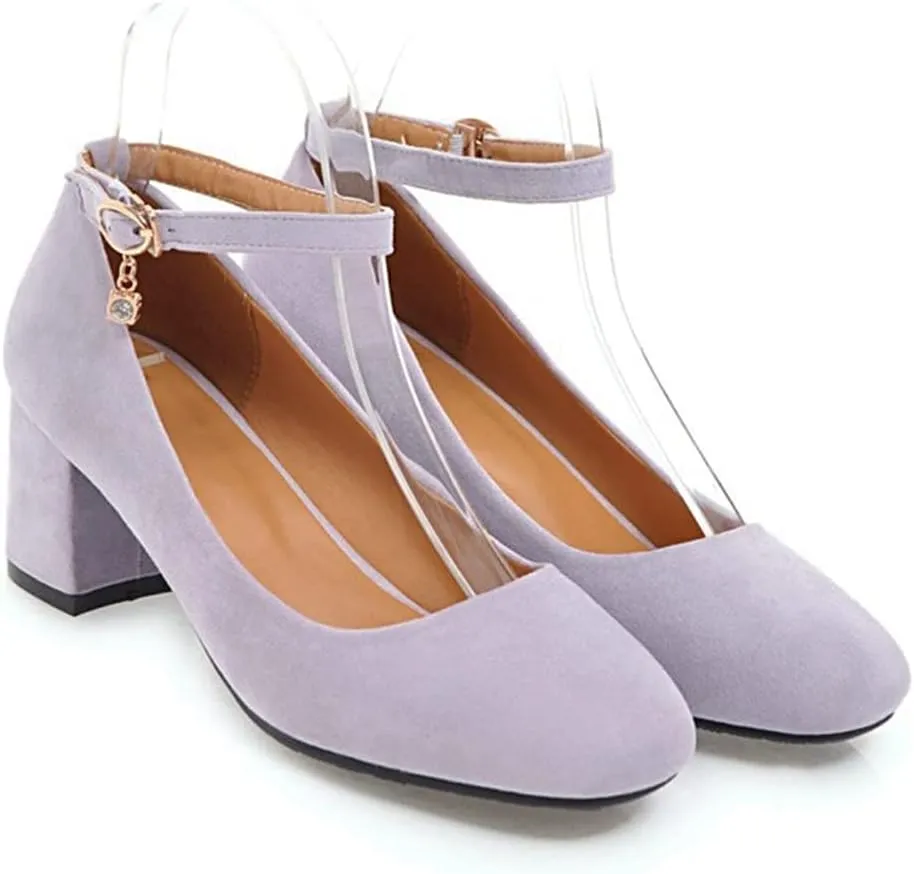 Women's Square Toe Chunky Mid Block Heel Pumps Suede Ankle Strap Comfortable Office Dress Shoes