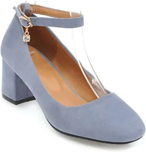 Women's Square Toe Chunky Mid Block Heel Pumps Suede Ankle Strap Comfortable Office Dress Shoes