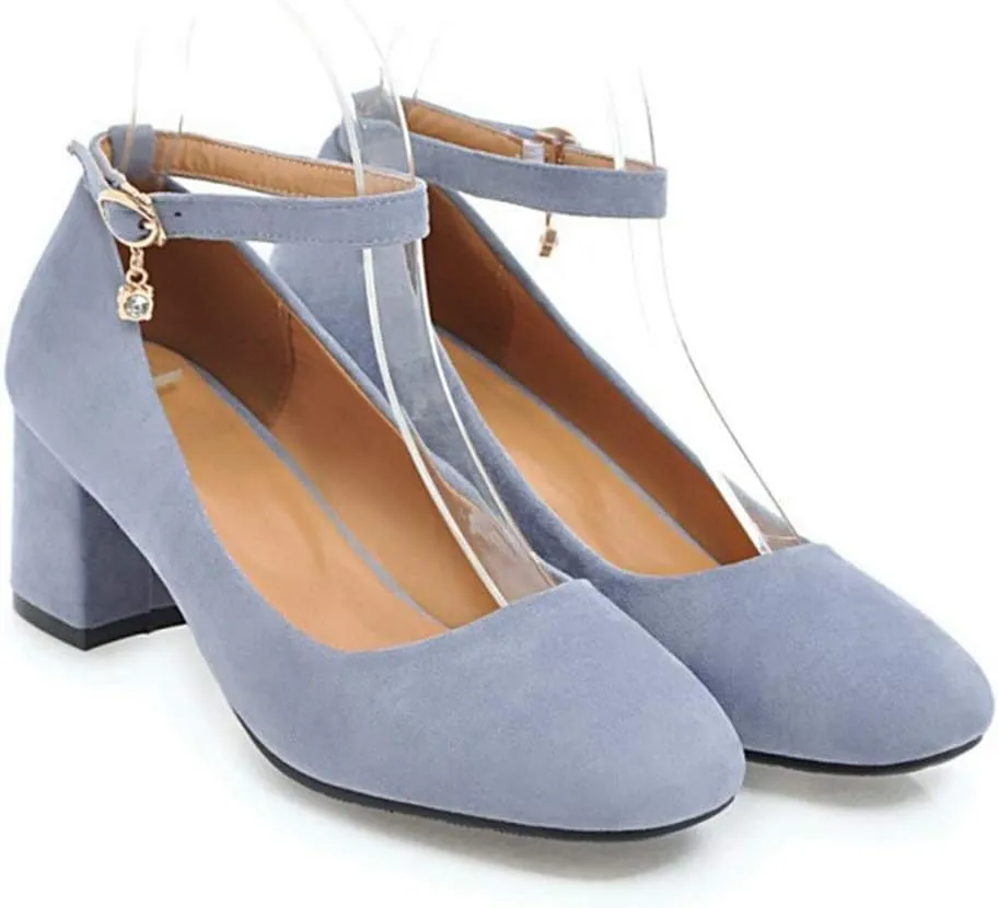 Women's Square Toe Chunky Mid Block Heel Pumps Suede Ankle Strap Comfortable Office Dress Shoes