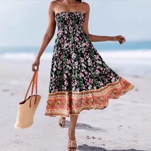 Womens Strapless Dress  Cotton Blend  Flared Midi  Floral Print  Convertible Wear