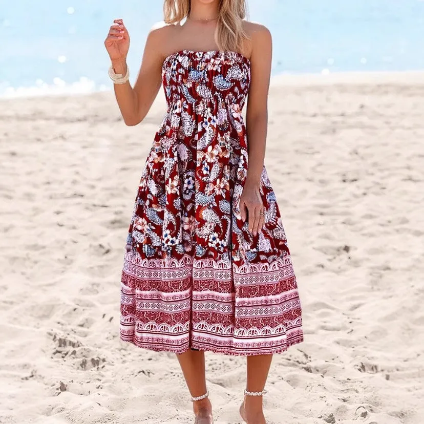 Womens Strapless Dress  Cotton Blend  Flared Midi  Floral Print  Convertible Wear