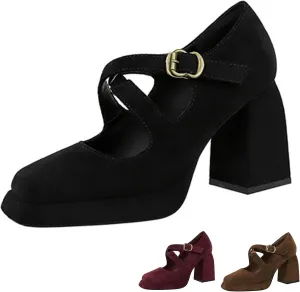 Women's Suede Casual High Chunky Heel Mary Janes Retro Square Closed Toe Adjustable CrossStrap Ankle Buckle Platform Block Heel Dress Pumps Party Work Formal Shoes