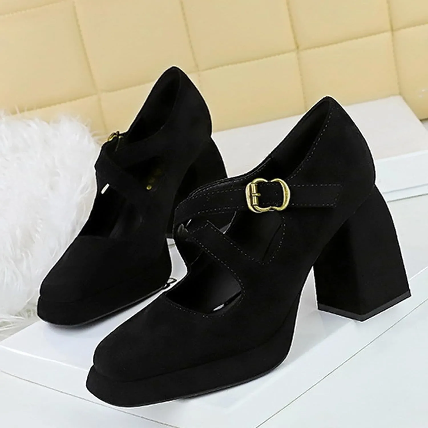 Women's Suede Casual High Chunky Heel Mary Janes Retro Square Closed Toe Adjustable CrossStrap Ankle Buckle Platform Block Heel Dress Pumps Party Work Formal Shoes