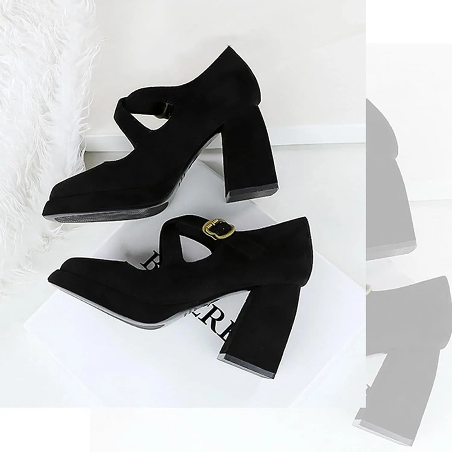 Women's Suede Casual High Chunky Heel Mary Janes Retro Square Closed Toe Adjustable CrossStrap Ankle Buckle Platform Block Heel Dress Pumps Party Work Formal Shoes