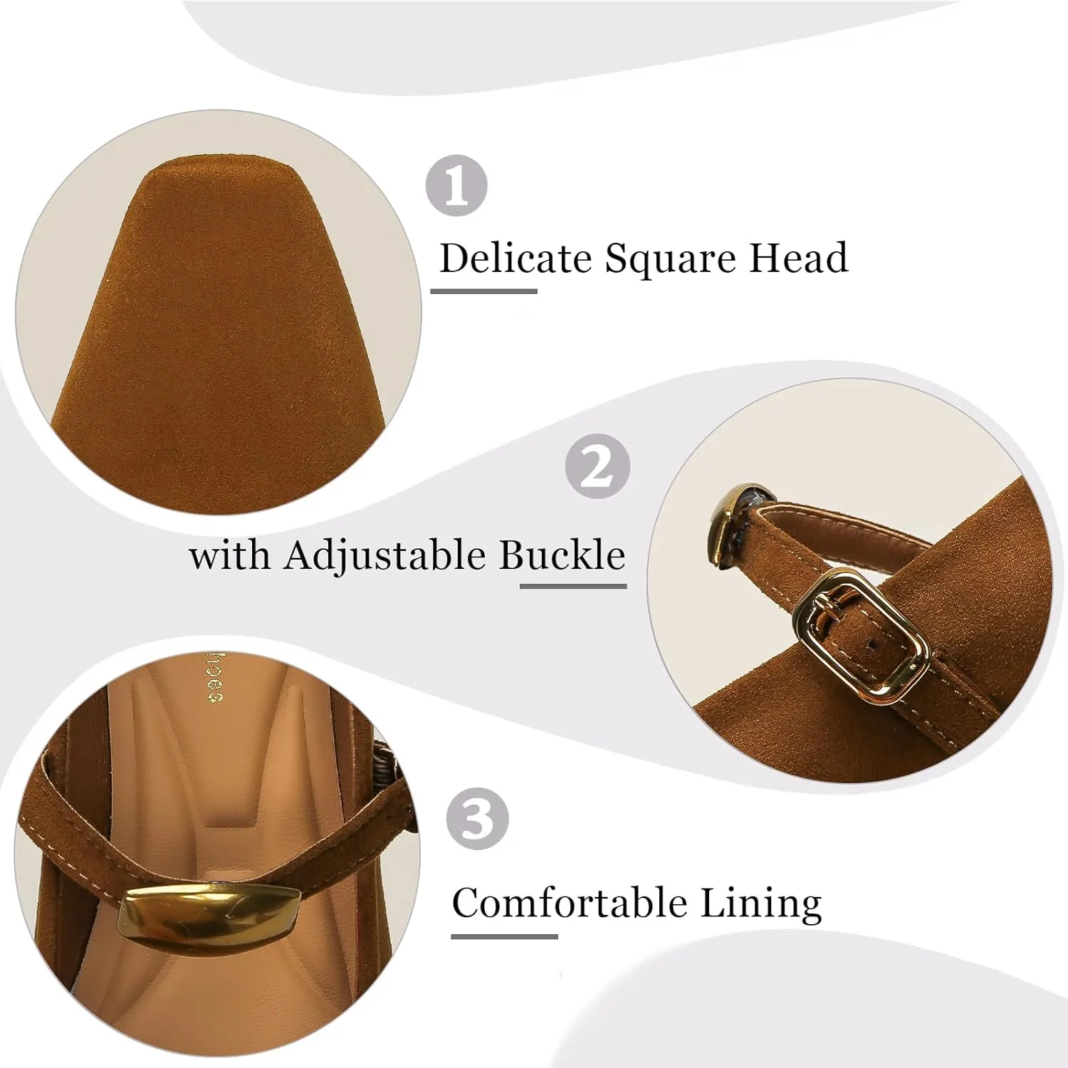 Women's Suede Square Toe Low Chunky Heel Mary Janes with Adjustable Buckle Fashion Metal Decoration Comfortable Non-Slip Slip On Pumps for Dress Party Wedding Work