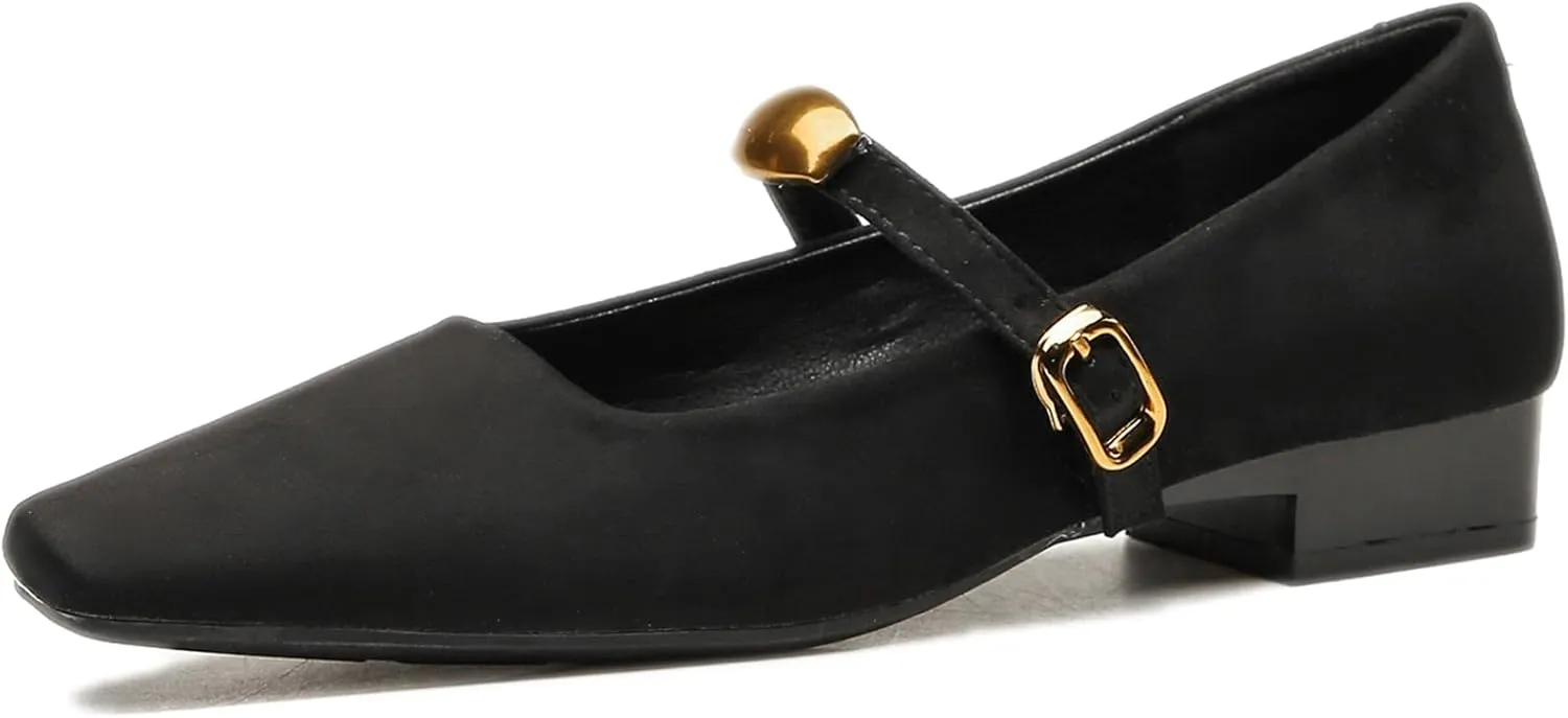 Women's Suede Square Toe Low Chunky Heel Mary Janes with Adjustable Buckle Fashion Metal Decoration Comfortable Non-Slip Slip On Pumps for Dress Party Wedding Work