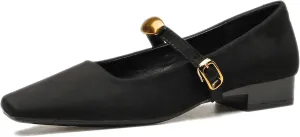 Women's Suede Square Toe Low Chunky Heel Mary Janes with Adjustable Buckle Fashion Metal Decoration Comfortable Non-Slip Slip On Pumps for Dress Party Wedding Work