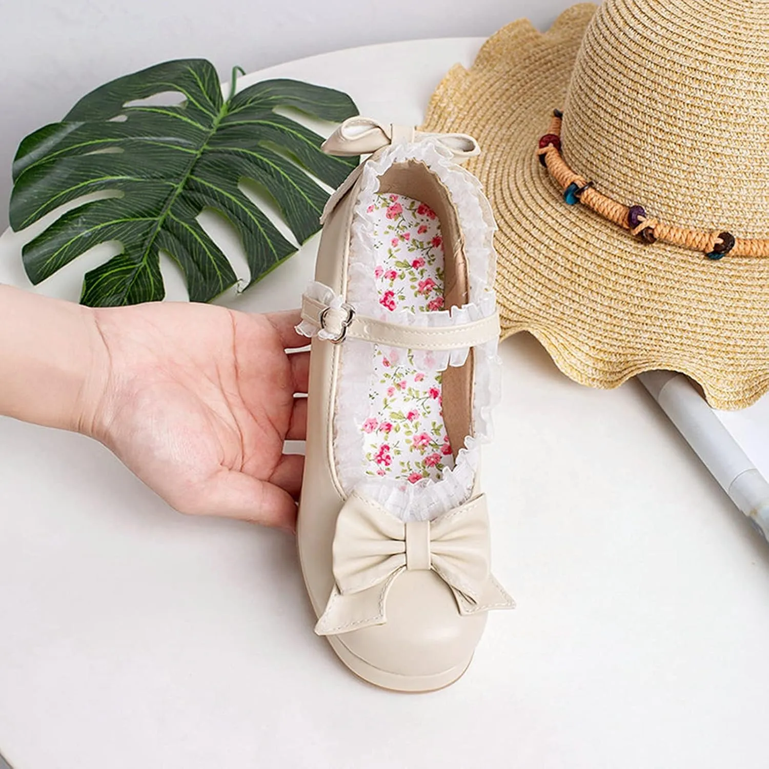 Womens Sweet Bowknot Dress Pumps Ankle Strap Block Mid Heel Round Toe Platform Lolita Mary Jane Shoes