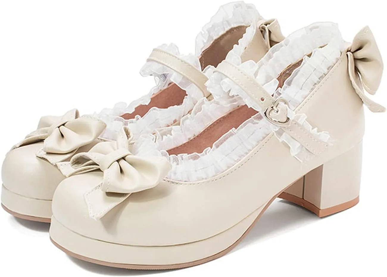 Womens Sweet Bowknot Dress Pumps Ankle Strap Block Mid Heel Round Toe Platform Lolita Mary Jane Shoes