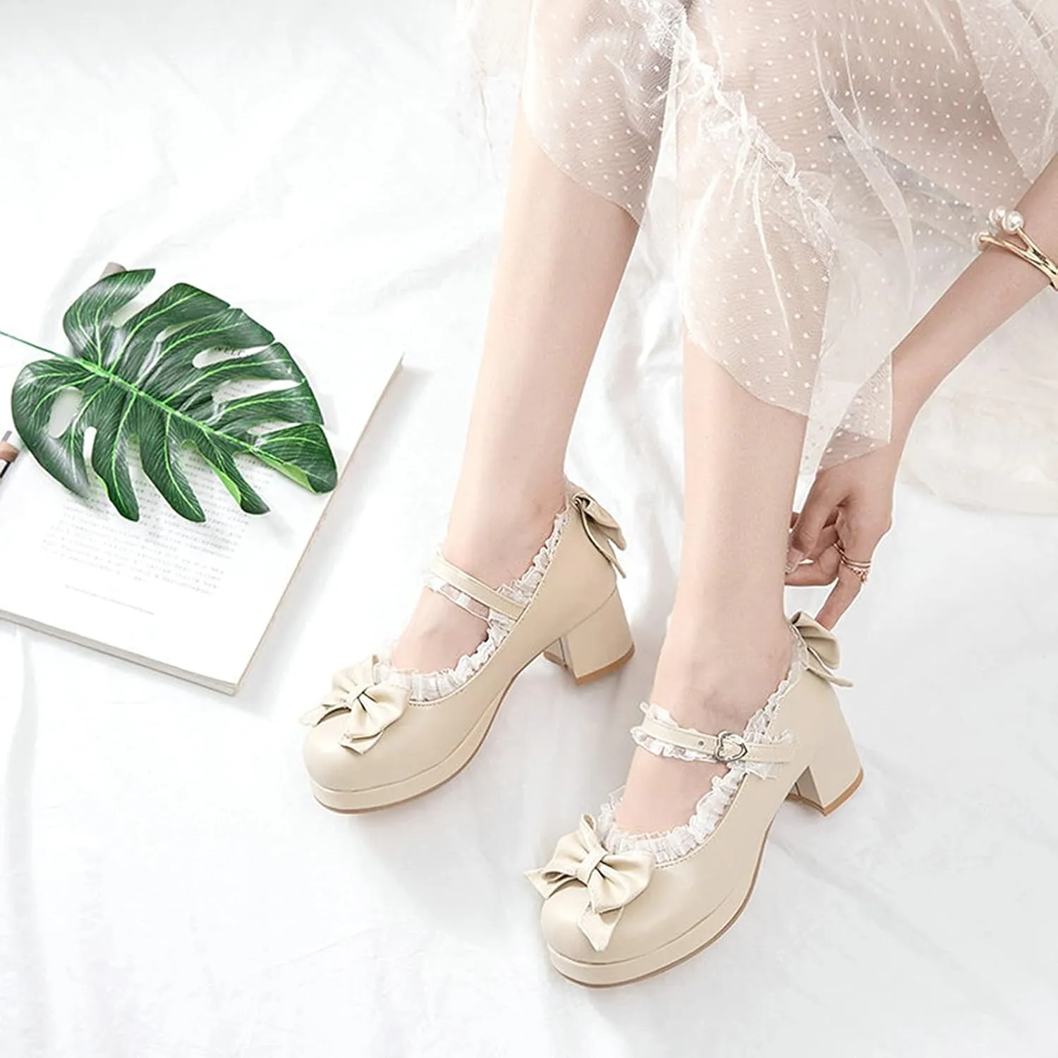 Womens Sweet Bowknot Dress Pumps Ankle Strap Block Mid Heel Round Toe Platform Lolita Mary Jane Shoes