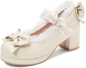 Womens Sweet Bowknot Dress Pumps Ankle Strap Block Mid Heel Round Toe Platform Lolita Mary Jane Shoes