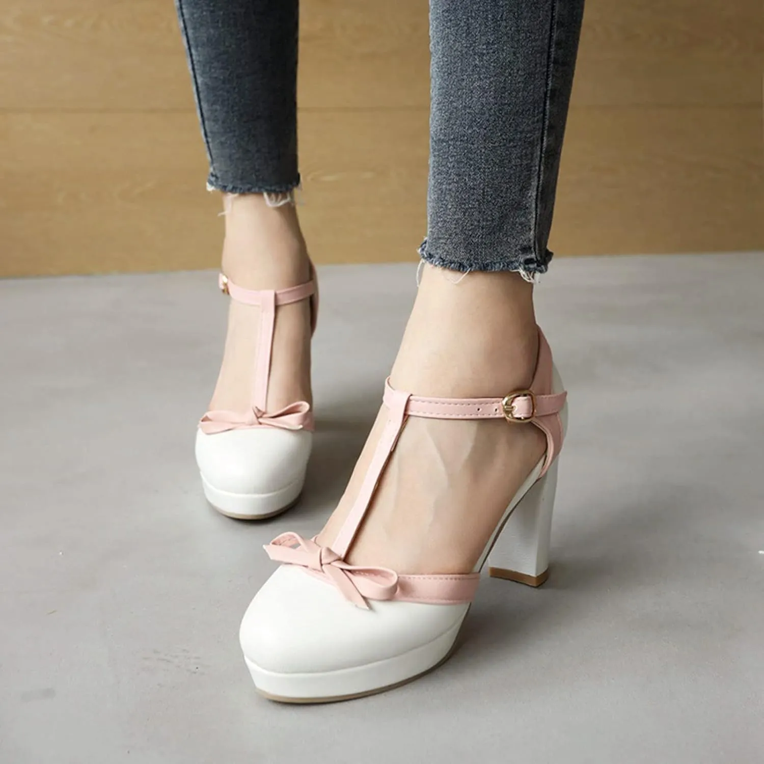 Womens T-Strap Round Toe Pumps Sweet Bowknot Sandals Buckle Platform Chunky High Heel Dress Shoes