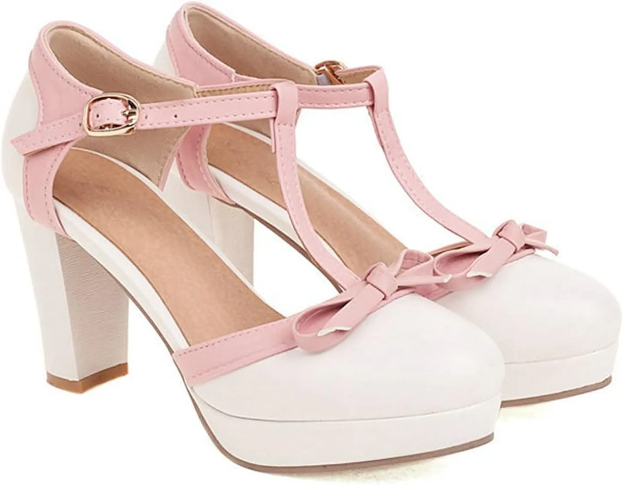 Womens T-Strap Round Toe Pumps Sweet Bowknot Sandals Buckle Platform Chunky High Heel Dress Shoes