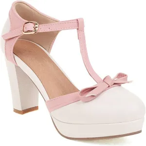 Womens T-Strap Round Toe Pumps Sweet Bowknot Sandals Buckle Platform Chunky High Heel Dress Shoes