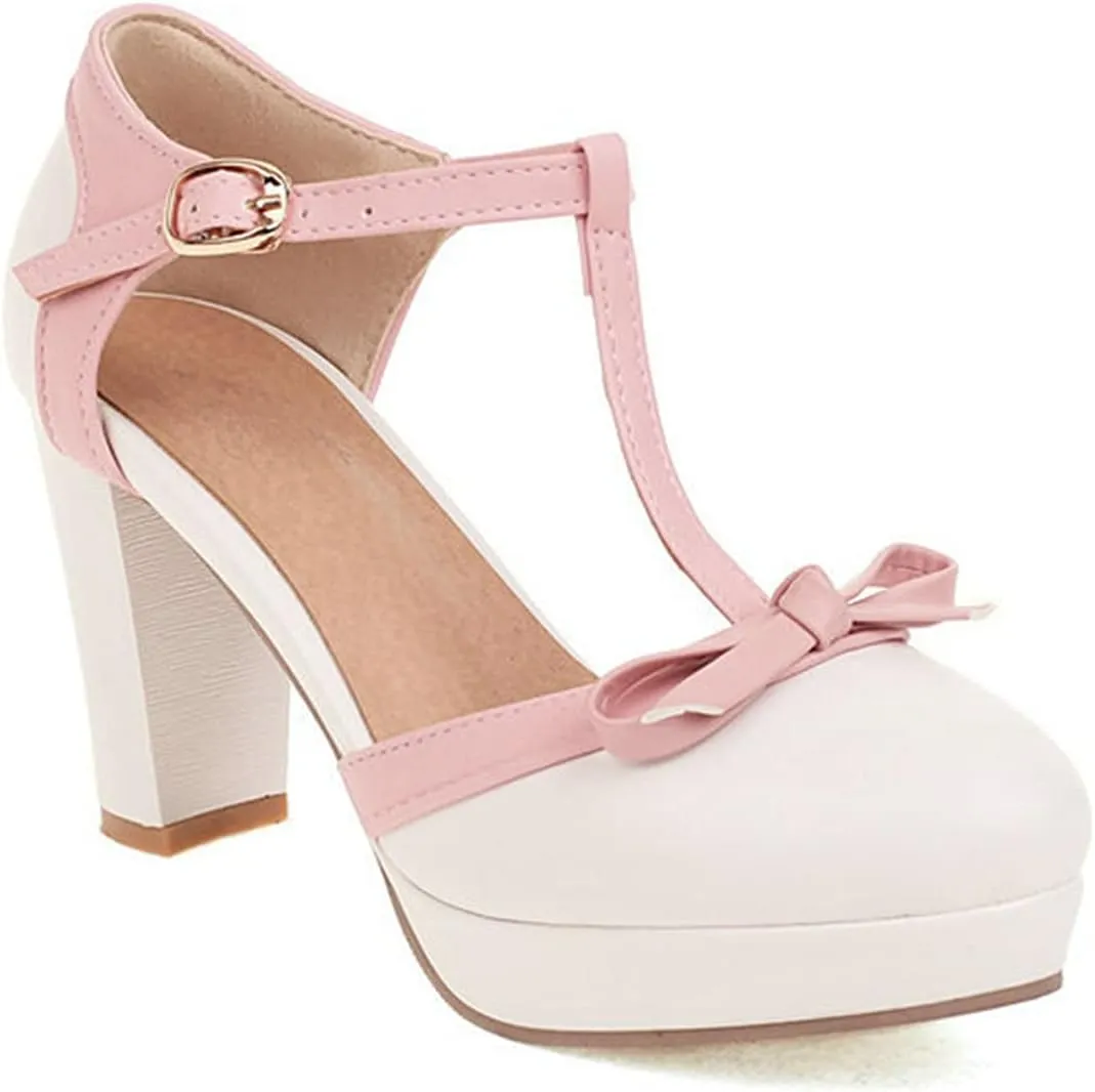 Womens T-Strap Round Toe Pumps Sweet Bowknot Sandals Buckle Platform Chunky High Heel Dress Shoes