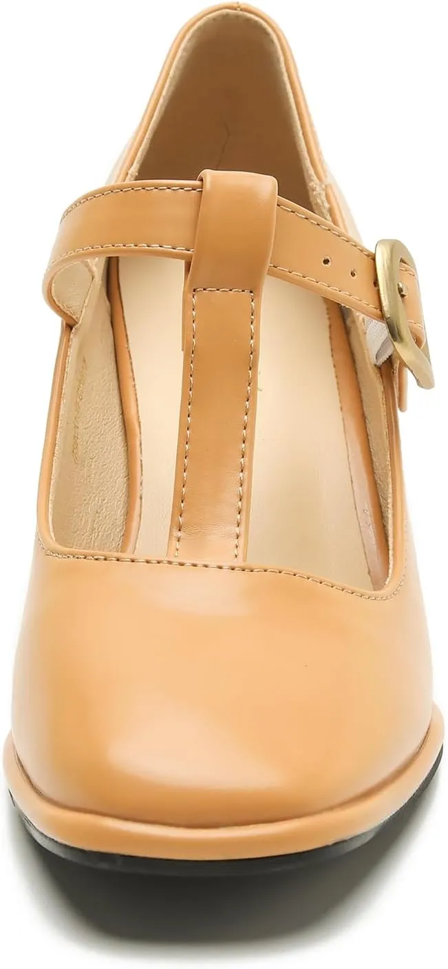 Womens T-Strap Vintage Heels Mary Jane Dress Shoes Block Chunky Heels Office Work Pumps