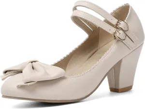 Womens Vintage Ankle Strap Mary Jane Pumps Bowknot Buckle Comfy Block Mid Heel Closed Toe Dress Shoes
