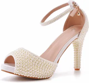 Women's Wedding Shoes, 10 Cm Pearl High Heels Sandals Hollow Pumps Comfortable Fish Mouth Water Platform Banquet Dress Shoes,34 EU,Beige