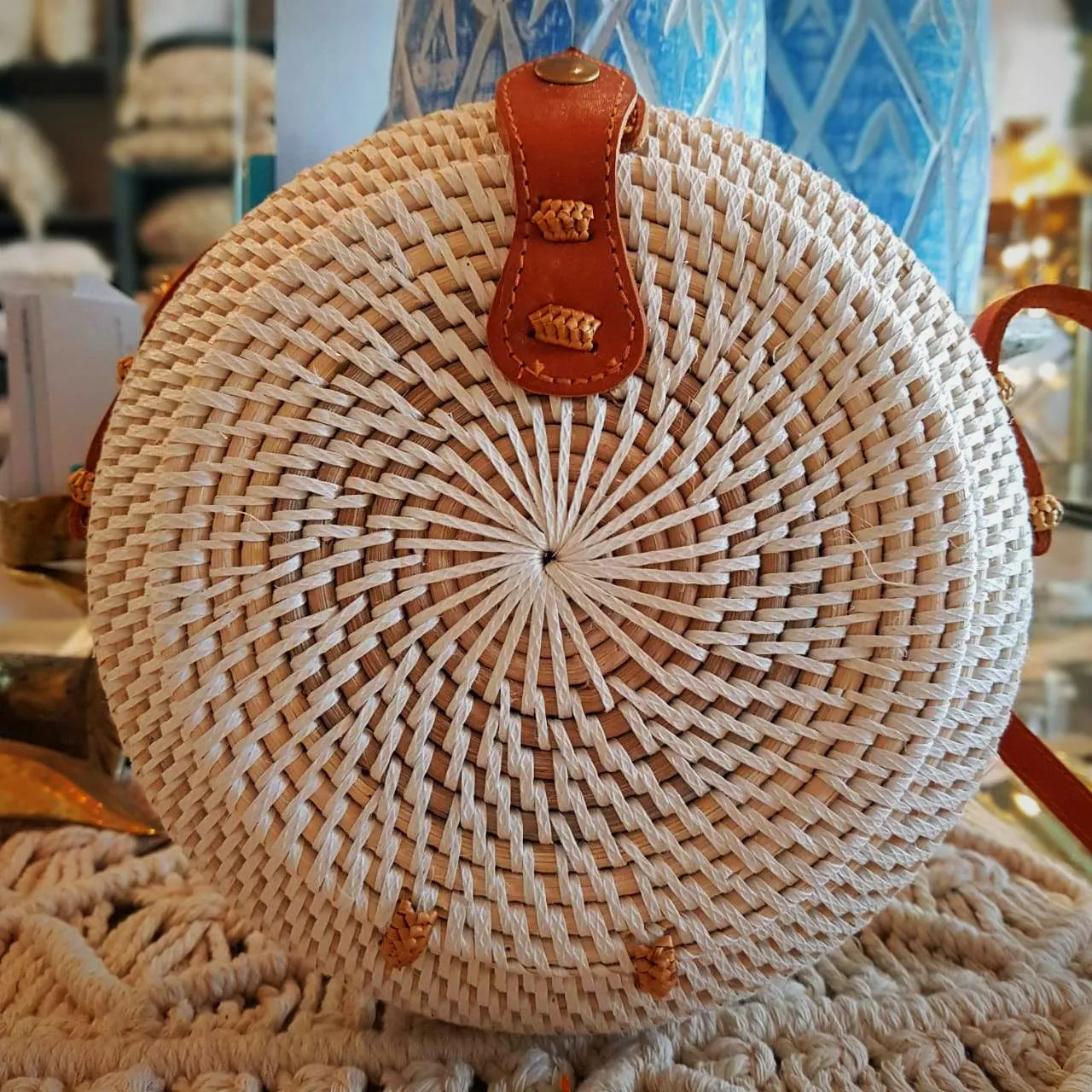 Woven Rattan Globe Shaped Bag With Leather Strap