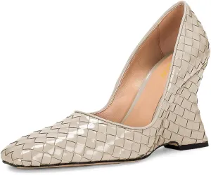 YDN Women Braid Pumps Wedge High Heels Closed Square Toe Slip On Shoes Dressy Business Prom Size 4-16 US