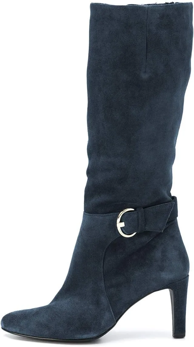 YDN Women Stretchy Pointed Toe Knee High Boots Wide Calf Block Mid Heel Boots Buckle Side Zipper Shoes Size 4-15 US