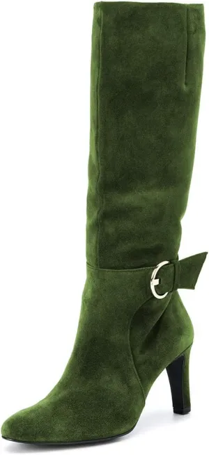YDN Women Stretchy Pointed Toe Knee High Boots Wide Calf Block Mid Heel Boots Buckle Side Zipper Shoes Size 4-15 US