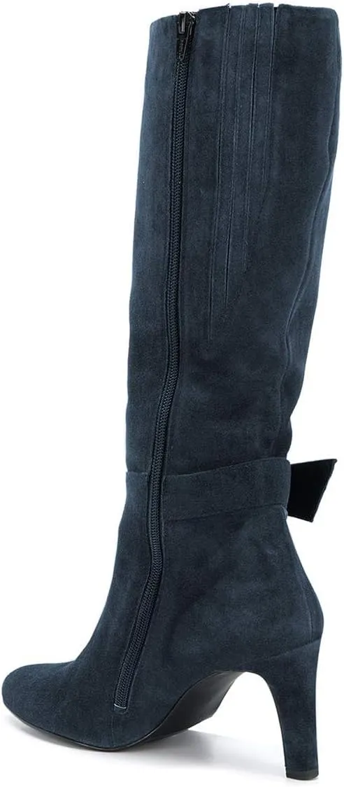 YDN Women Stretchy Pointed Toe Knee High Boots Wide Calf Block Mid Heel Boots Buckle Side Zipper Shoes Size 4-15 US