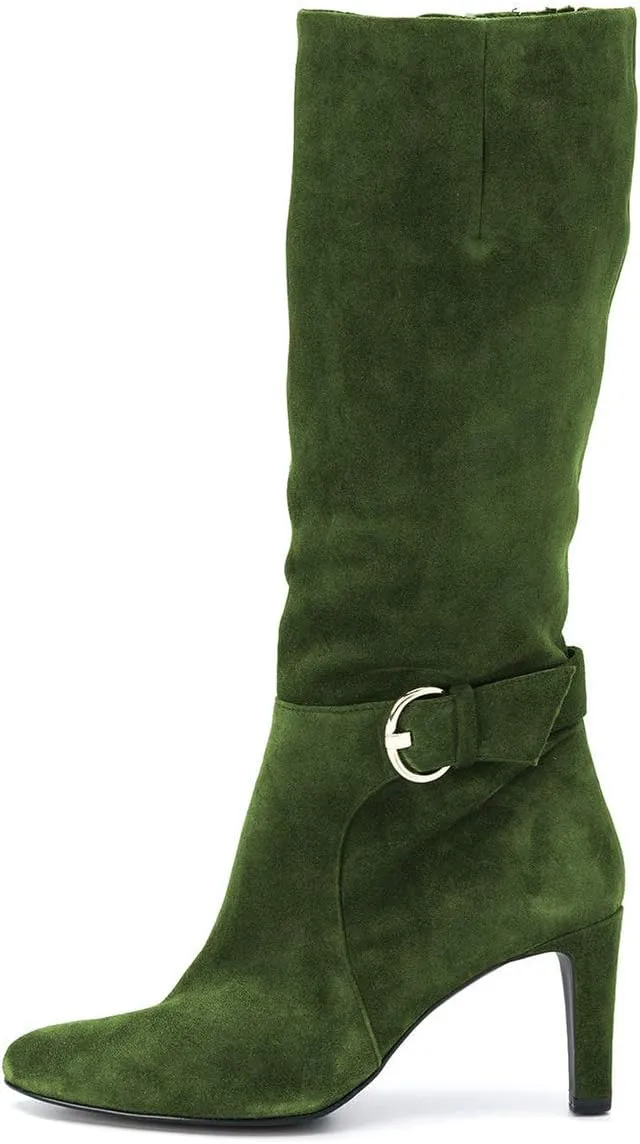 YDN Women Stretchy Pointed Toe Knee High Boots Wide Calf Block Mid Heel Boots Buckle Side Zipper Shoes Size 4-15 US