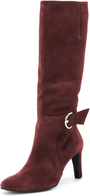 YDN Women Stretchy Pointed Toe Knee High Boots Wide Calf Block Mid Heel Boots Buckle Side Zipper Shoes Size 4-15 US