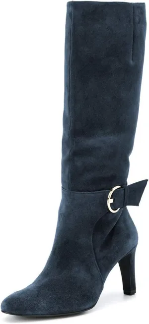 YDN Women Stretchy Pointed Toe Knee High Boots Wide Calf Block Mid Heel Boots Buckle Side Zipper Shoes Size 4-15 US