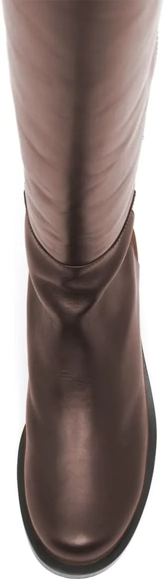 YDN Women Stretchy Pull On Flat Knee High Boots Round Toe Low Heel Bi-Material Long Booties Daily Office Shopping Shoes Size 4-16 US
