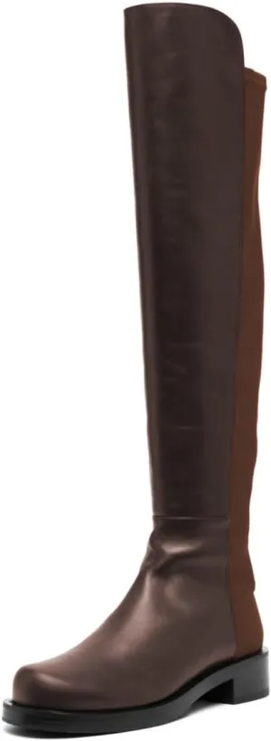 YDN Women Stretchy Pull On Flat Knee High Boots Round Toe Low Heel Bi-Material Long Booties Daily Office Shopping Shoes Size 4-16 US