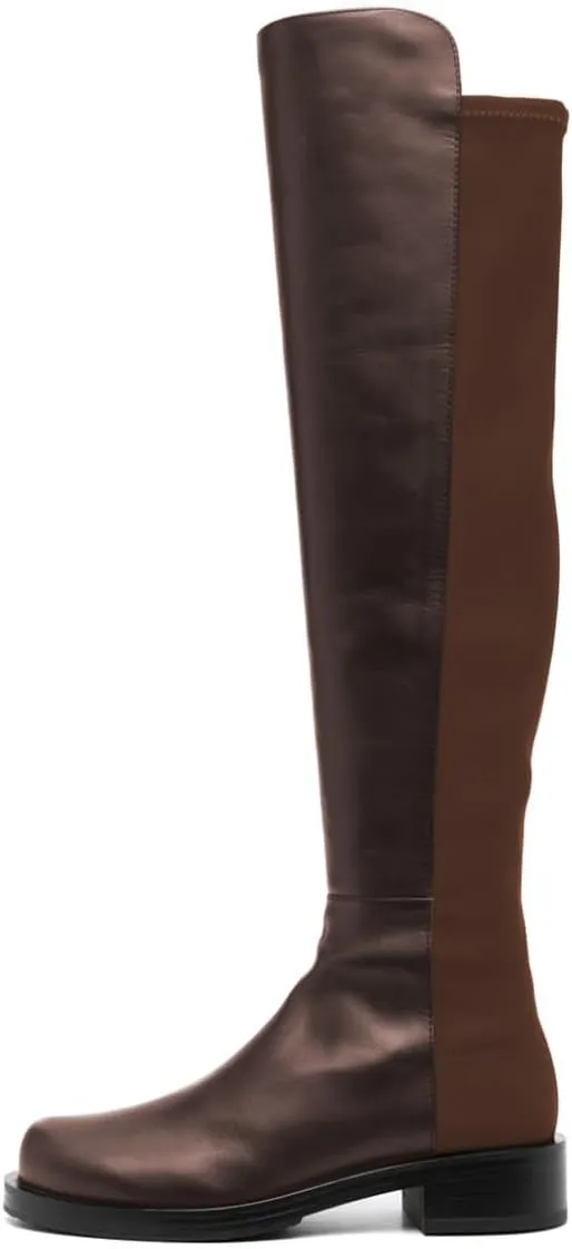 YDN Women Stretchy Pull On Flat Knee High Boots Round Toe Low Heel Bi-Material Long Booties Daily Office Shopping Shoes Size 4-16 US