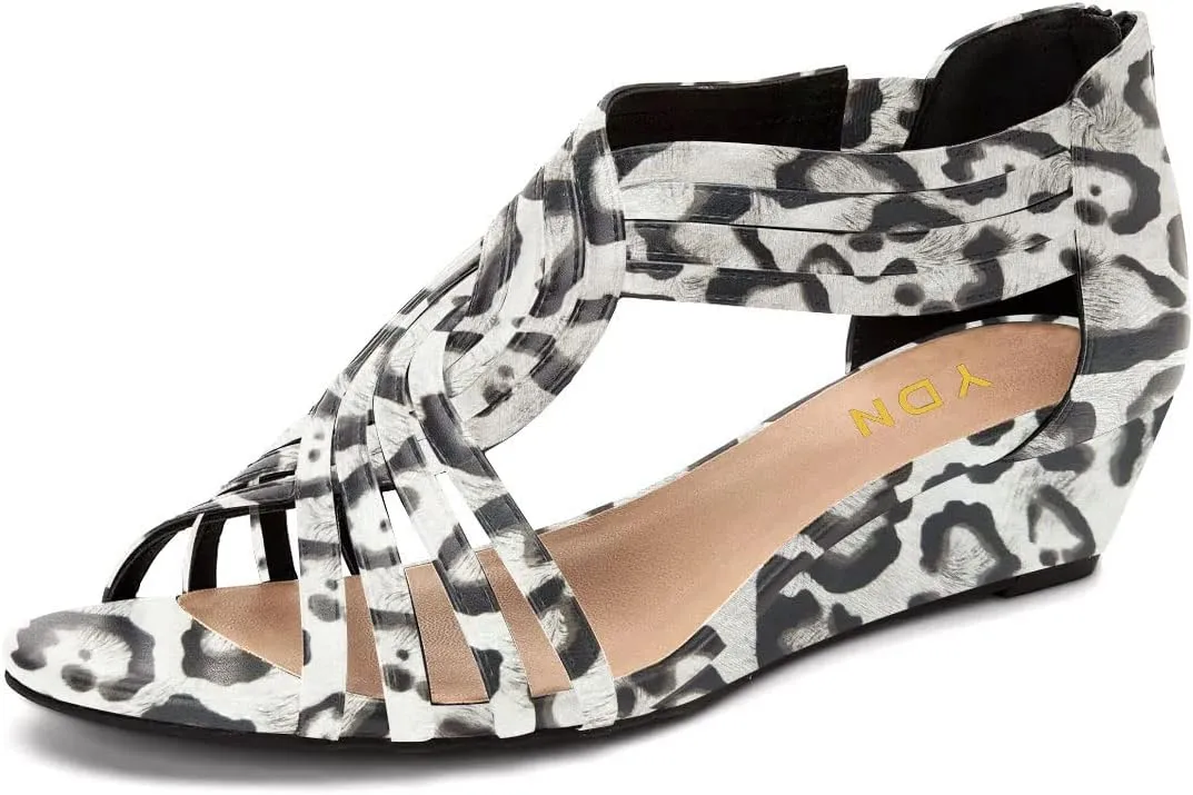 YDN Women Summer Wedge Glitter Sandals Open Toe Rhinestones Cross Over Straps Mid Heels with Back Zippper Holiday Casual Shoe Size 4-15