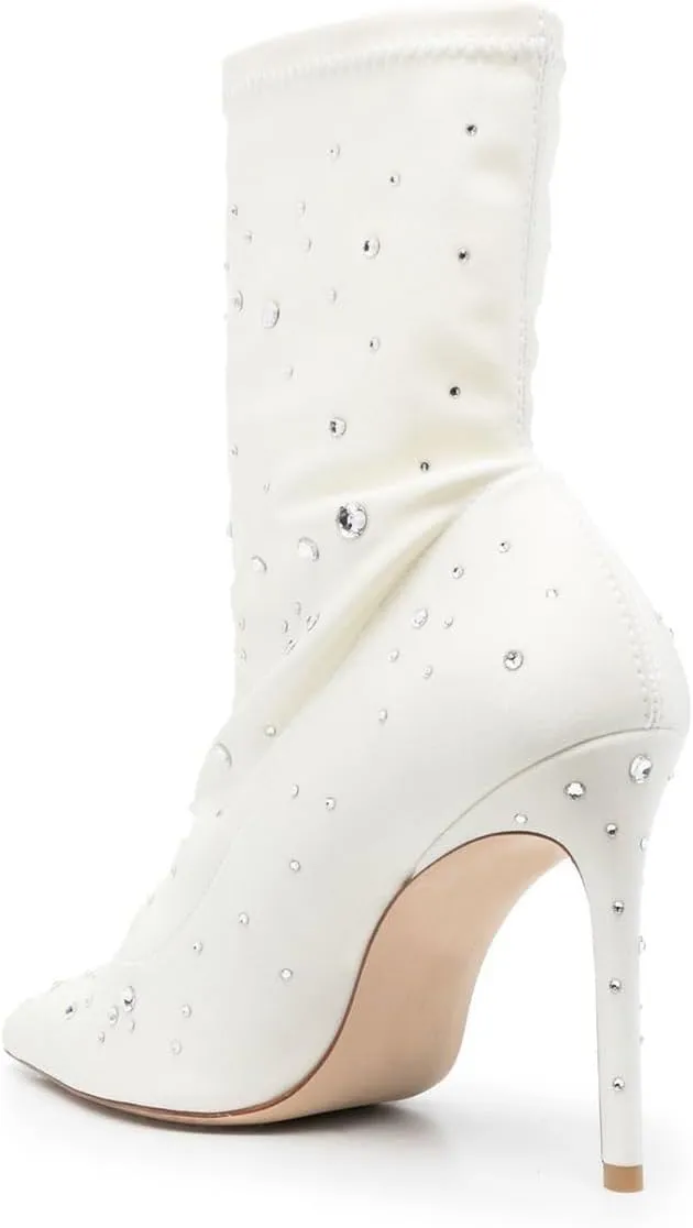 YDN Women's Rhinestones Studs Stiletto High Heel Mid Calf Boots Pointed Toe Pull On Ladies Booties Dress Evening Fashion Shoes Size 4-16 US