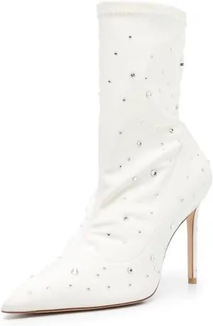 YDN Women's Rhinestones Studs Stiletto High Heel Mid Calf Boots Pointed Toe Pull On Ladies Booties Dress Evening Fashion Shoes Size 4-16 US