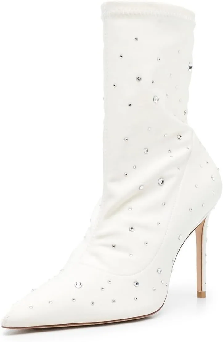 YDN Women's Rhinestones Studs Stiletto High Heel Mid Calf Boots Pointed Toe Pull On Ladies Booties Dress Evening Fashion Shoes Size 4-16 US