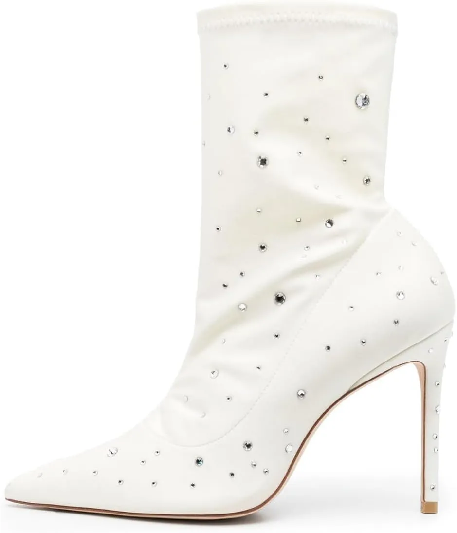 YDN Women's Rhinestones Studs Stiletto High Heel Mid Calf Boots Pointed Toe Pull On Ladies Booties Dress Evening Fashion Shoes Size 4-16 US