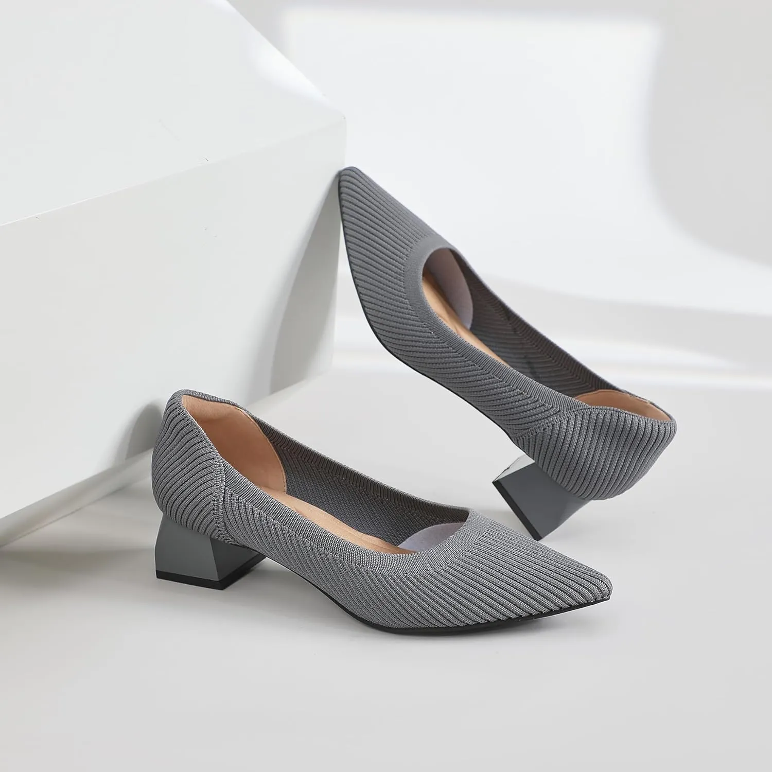 youngshow Women's Pumps Kitten Heels Pointed Toe Knit Slip On Comfortable Casual Formal Dress Shoes