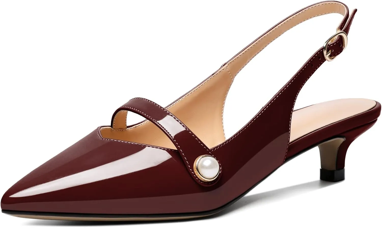 Zamikoo Kitten Heels for Women with Pearl Strap, Low Heel Slingback Sandals, Pointed Toe Dress Pumps Shoes for Work Office Casual 1.5 Inches