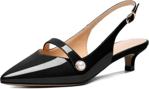Zamikoo Kitten Heels for Women with Pearl Strap, Low Heel Slingback Sandals, Pointed Toe Dress Pumps Shoes for Work Office Casual 1.5 Inches