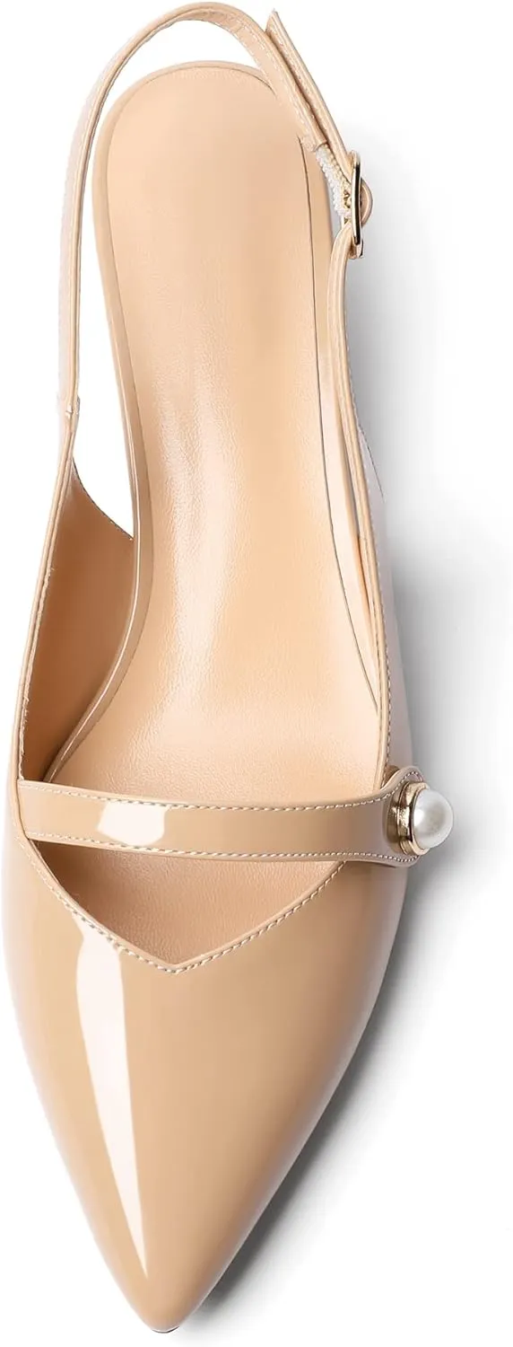 Zamikoo Kitten Heels for Women with Pearl Strap, Low Heel Slingback Sandals, Pointed Toe Dress Pumps Shoes for Work Office Casual 1.5 Inches