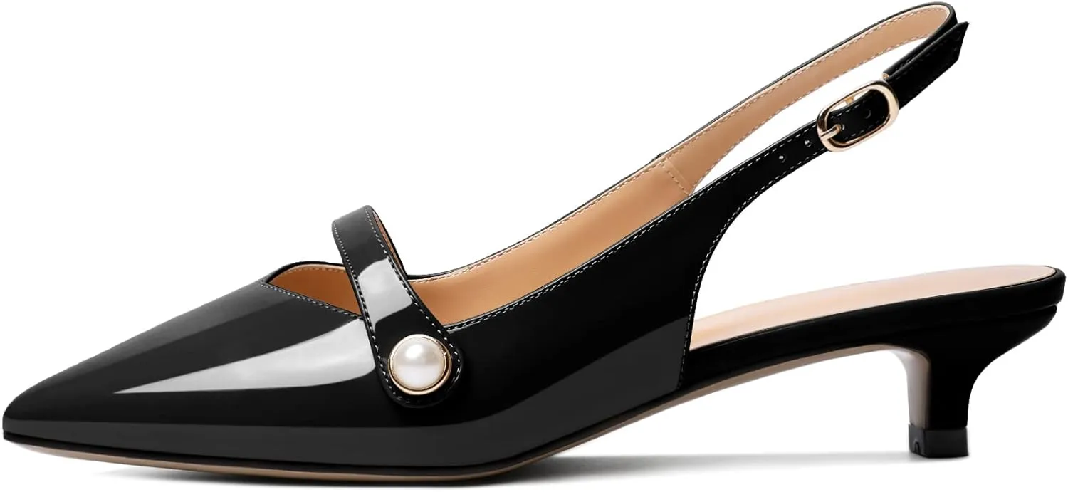 Zamikoo Kitten Heels for Women with Pearl Strap, Low Heel Slingback Sandals, Pointed Toe Dress Pumps Shoes for Work Office Casual 1.5 Inches