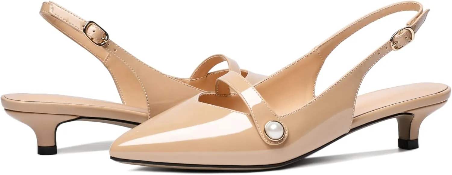 Zamikoo Kitten Heels for Women with Pearl Strap, Low Heel Slingback Sandals, Pointed Toe Dress Pumps Shoes for Work Office Casual 1.5 Inches